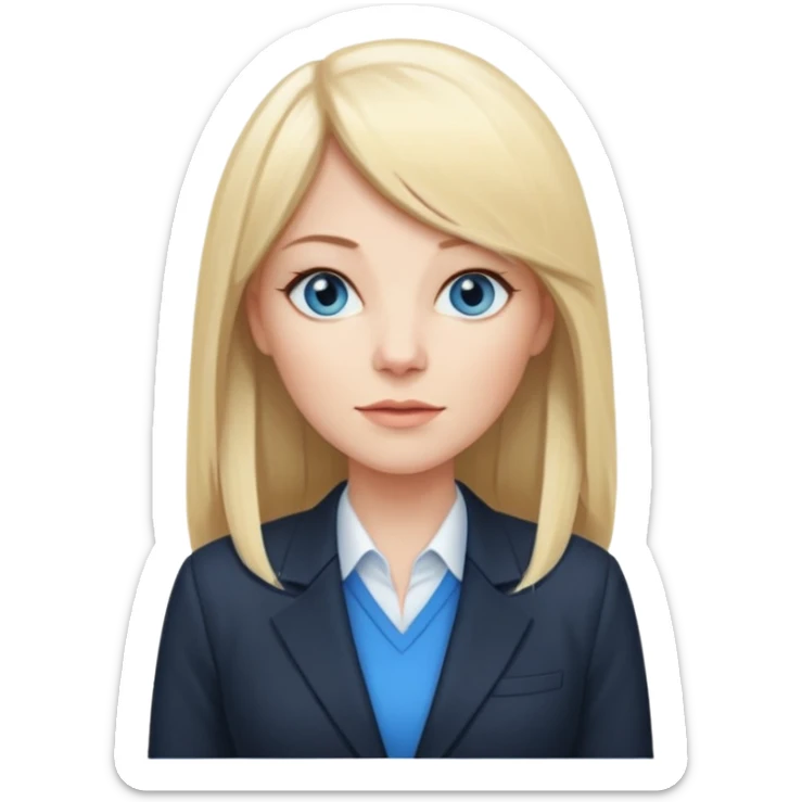 40 yr old white woman, pale skin, long straight blond hair parted in center, blue eyes, bangs, dress clothes for work sticker