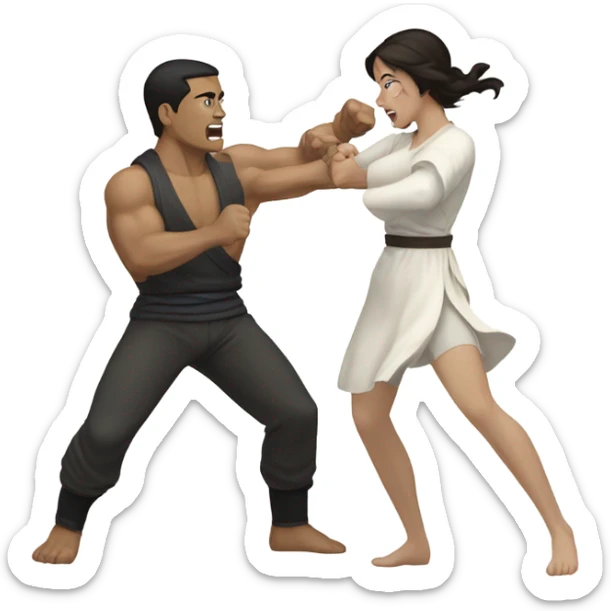A pale half Asian man with short dark hair fighting a white woman with long wavy brunette hair sticker