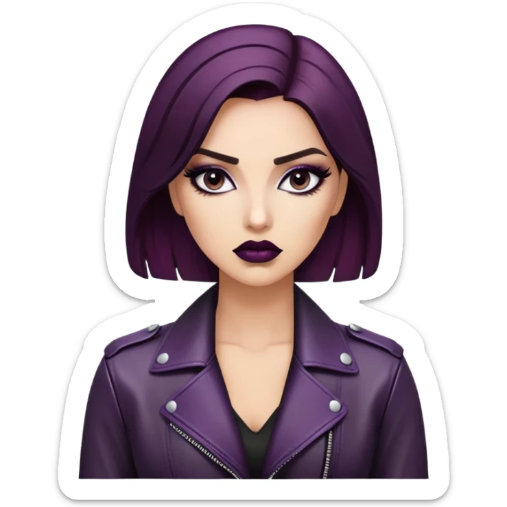 A close-up of a woman with dramatic eye makeup, wearing a fitted black leather jacket. Her lips are painted a deep plum, and her expression is mysterious, with an urban nighttime backdrop that creates a sense of intrigue and allure sticker