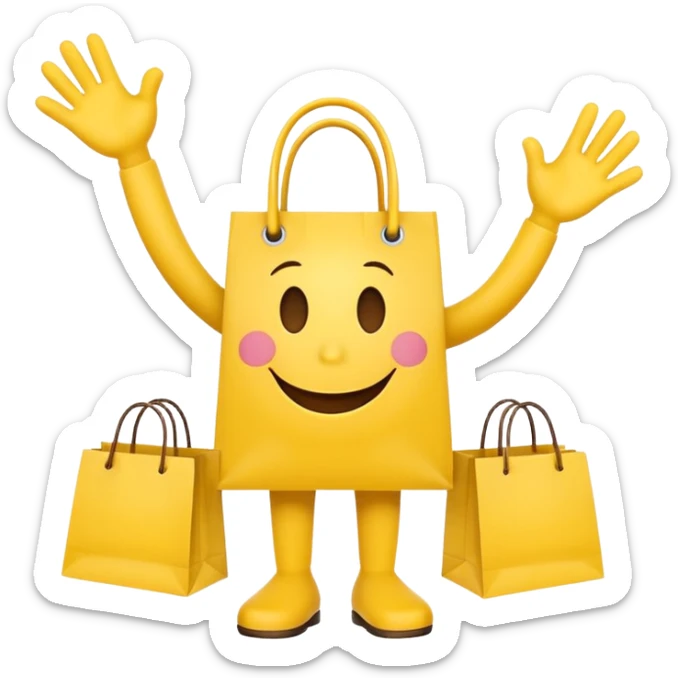 HAPPY SMILEY FACEWITH HANDS AND FEET EMOJI WITH SHOPPING BAGS IN EACH HAND sticker