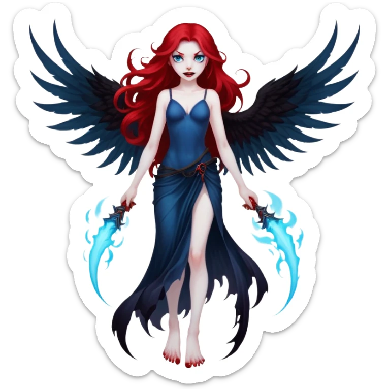 full body portrait of an extremely diabolical girl with pale white skin, massive towering wings, very long flowing blood red hair, glowing blue eyes, evil grin, no accessories, with swirling red and black smog/smoke at the bottom of her feet sticker