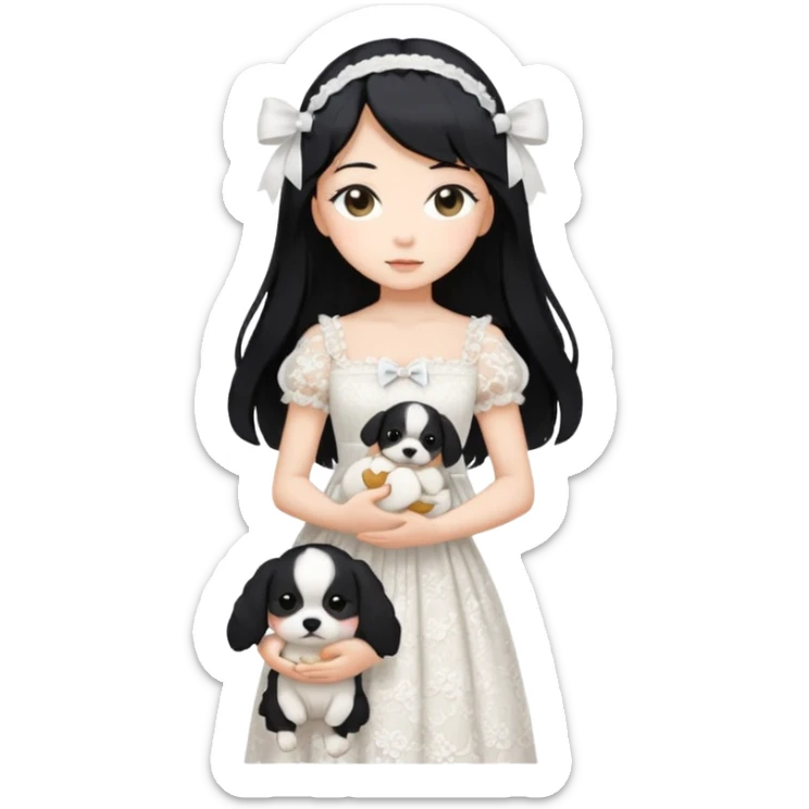 Pastel anime lady long hair with long lace dress full body holding puppy sticker