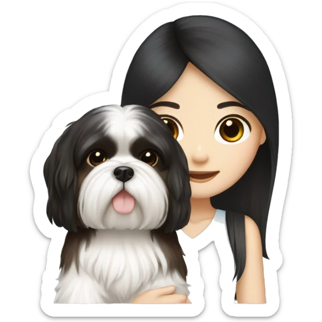 long black hair korean girl with white and brown shih tzu sticker