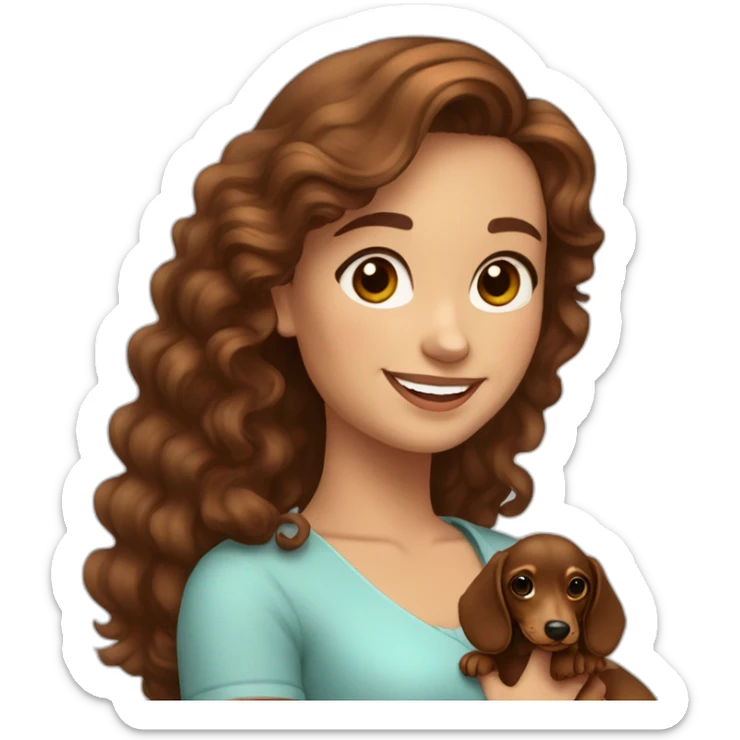 Young lady long curly brown hair smiling and brown eyes with long eyelashes and holding a dachshund  in her arms sticker