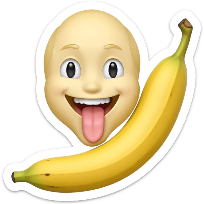 a classic smiley face that holding a banana. Half of the banana is in his mouth and he suck it with his tongue sticker