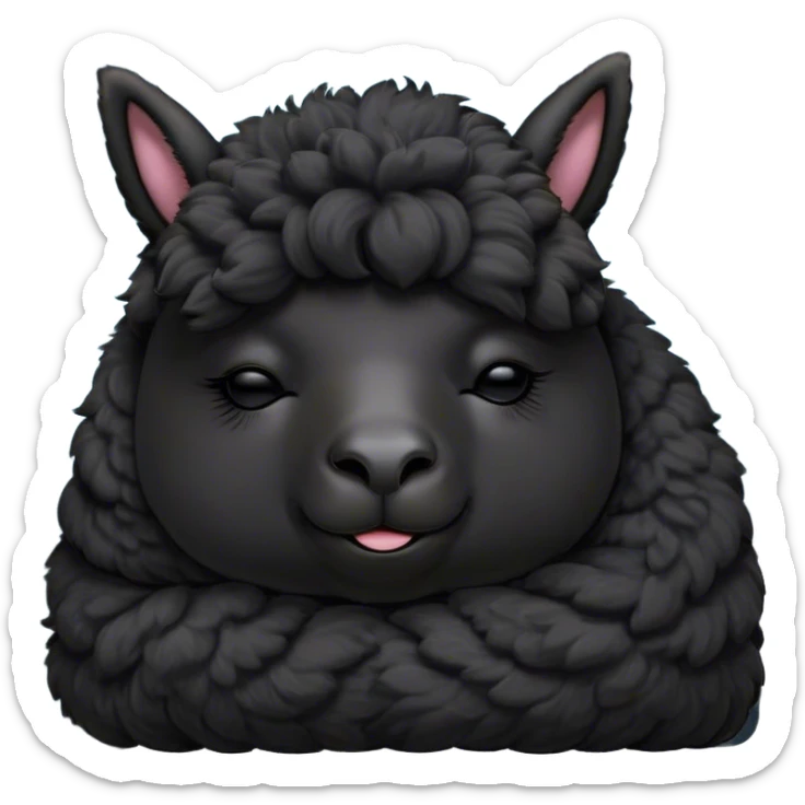 Meme-Worthy Cute Sleeping Black Alpaca Portrait Emoji, Head resting peacefully with a contented smile, showcasing a delightfully sturdy build and a luxuriously soft jet-black fleece, eyes shut in a serene nap, Simplified yet hilariously adorable features, highly detailed, glowing with a soft, drowsy light, high shine, relaxed and utterly lovable, stylized with an air of playful laziness, bright and heartwarming, soft glowing outline, capturing the essence of a comically sleepy alpaca, so meme-worthy it feels like it could instantly become the next viral sensation of adorable slumber! sticker