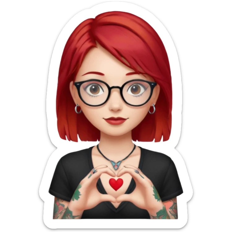 Beautiful girl, with glasses, red hair, tall, slim, with tattoos and small piercing, showing heart with hands sticker