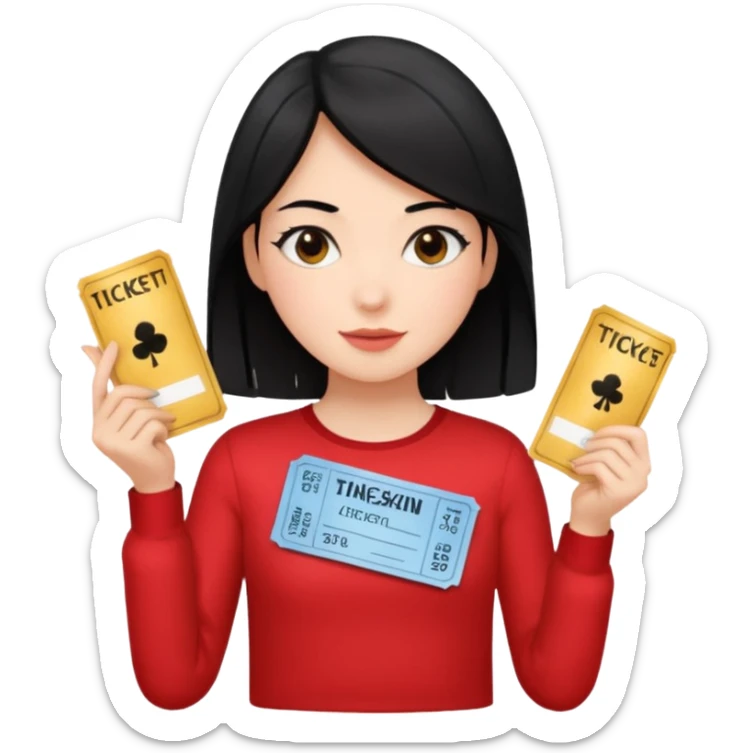 A girl with a bunch of black hair, wearing a red long-sleeved shirt and holding theater tickets sticker