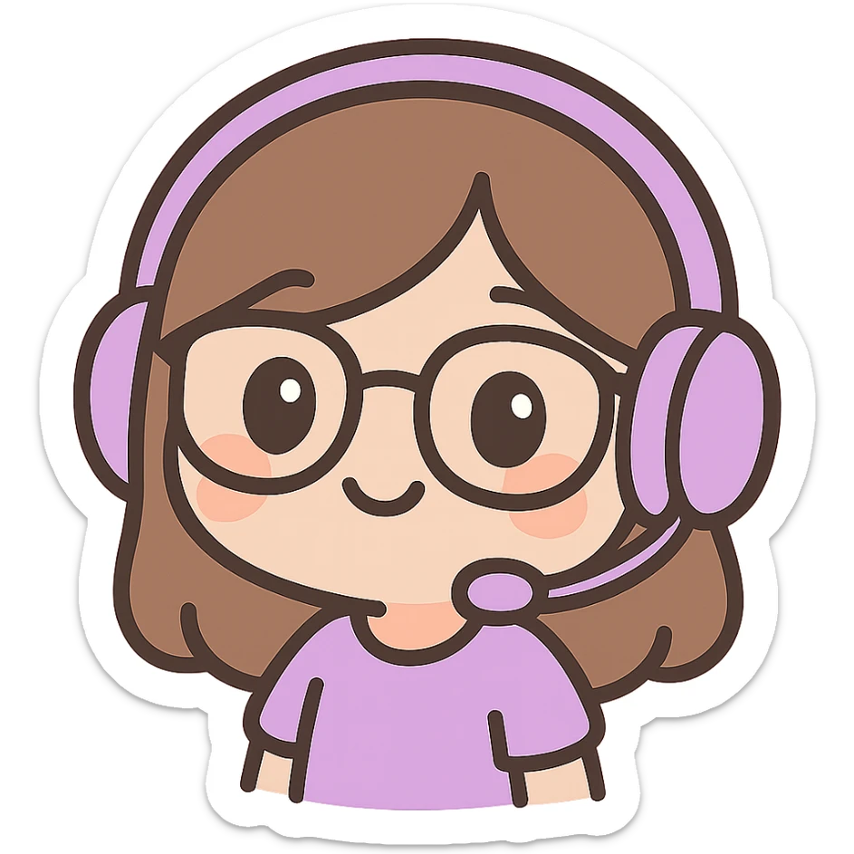 chibi style female brunette with glasses and a purple gaming headset, happy facial expression sticker