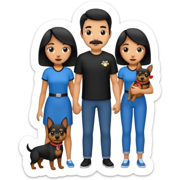 Pareja hombre y mujer, pelo negro ambos, y con dos perritos pincher en sus brazos sticker