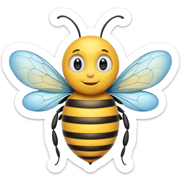 Create a cute emoji-style illustration of a bee with the face of an older man. The bee has a round yellow body with black stripes, small antennae, and light blue wings. Use bold outlines, bright colors, smooth shading, and a glossy sticker-like finish. Transparent or white background. sticker