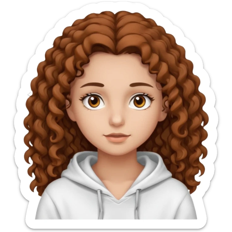 Una ragazza con una felpa semplice bianca,ha gli occhi marroni,i capelli marroni  , c’è gli ha lunghi e ricci  e ha le ciglia lo stile dell immagine deve essere semplice sticker