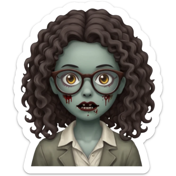 make a zombie girl with grey skin and long dark brown curly hair and glasses sticker