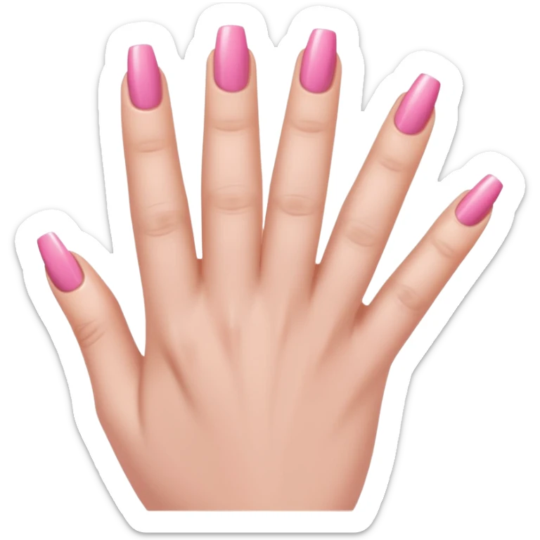  pink close-up of a hand with beautifully manicured nails, glossy pink nail polish, elegant nail shape, soft lighting and shadows, realistic style, sticker