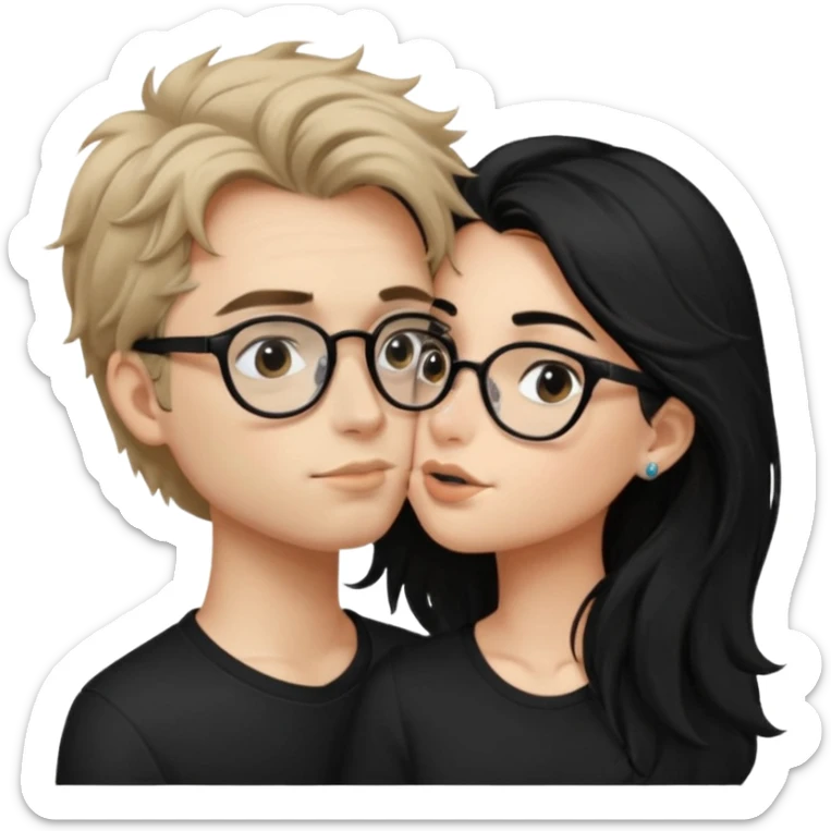 Un garçon avec les cheveux brin très clair ébouriffés, qui embrasse une fille avec les cheveux noir long et lisse , qui a des traits d’eye-liner et des lunettes noir avec un piercing au nez sticker