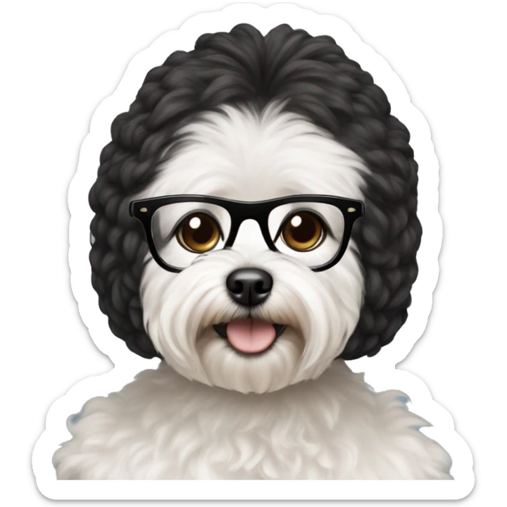 Indian woman with black glasses holding small white MaltiPoo dog sticker