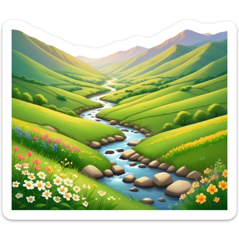 Cinematic Realistic Valley Emoji, Lush and serene, with gently sloping hills surrounding a vibrant green valley filled with wildflowers and a small stream. The soft, golden sunlight filters through the valley, casting peaceful, warm shadows across the landscape. Soft glowing outline, capturing the essence of natural peace and gentle beauty in a sprawling valley. sticker