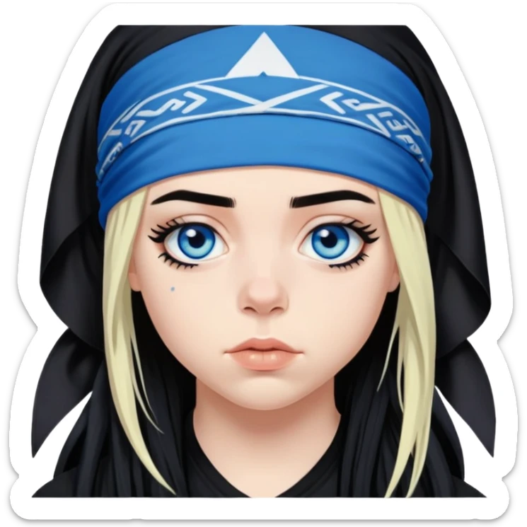 billie eilish blue eyes long black hair dark eyeliner makeup, wearing head bandana sticker
