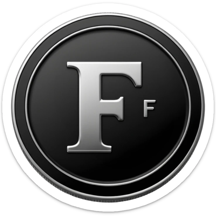 Emoji icon of a black coin with engraved letter F, minimalist style, isolated, no color sticker