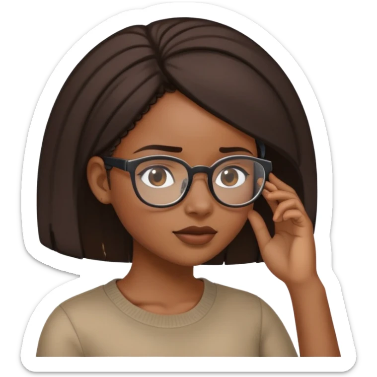 A black girl with clear glasses tapping her head with her head turned to the lefte sticker