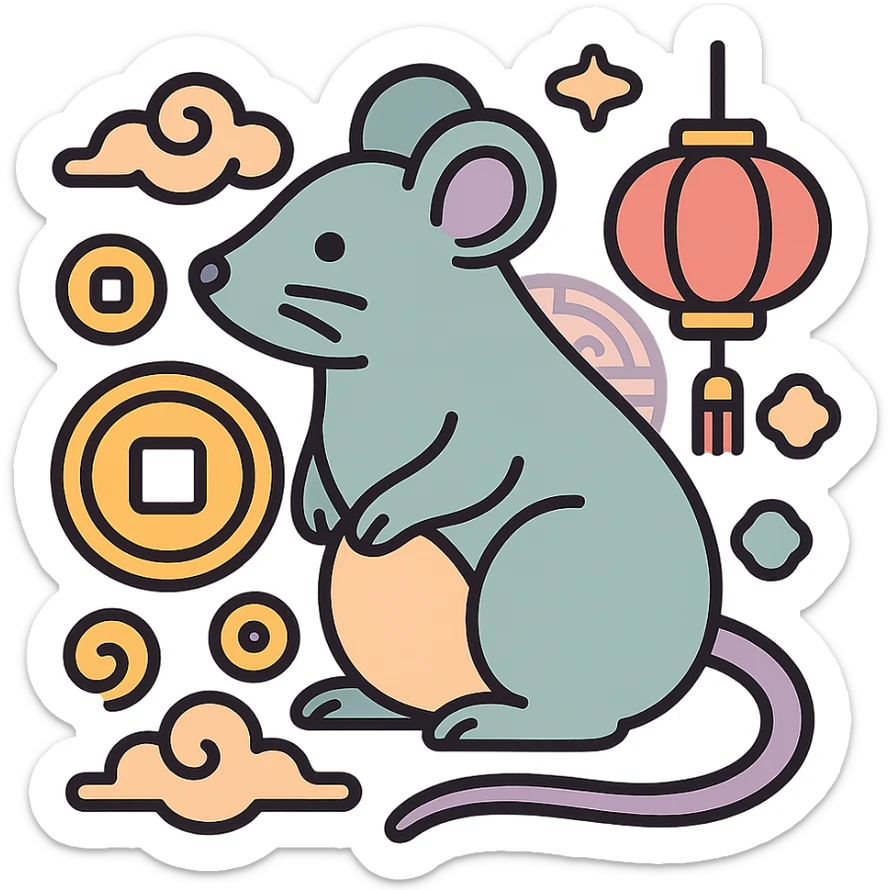 rat, symbol of the year in feng shui, Chinese style, thin clean outlines, soft rounded shapes, pastel palette #98B5BC, #B5B3C1, #C9A3C9, #E4C0CA, #F7DCD1, #F7C0AA, modern Japanese pop art and sticker aesthetics, detailed shadows and highlights, soft lighting, transparent background, with Chinese decor (coins, lanterns, clouds, patterns) sticker