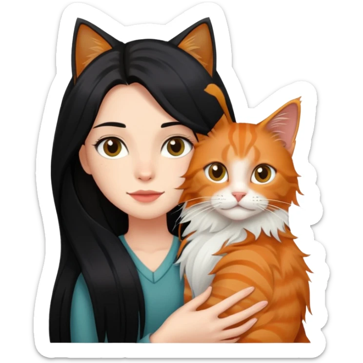 Une fille au cheveux long lisse et noir portant un chat type Maine coon de couleur roux  sticker