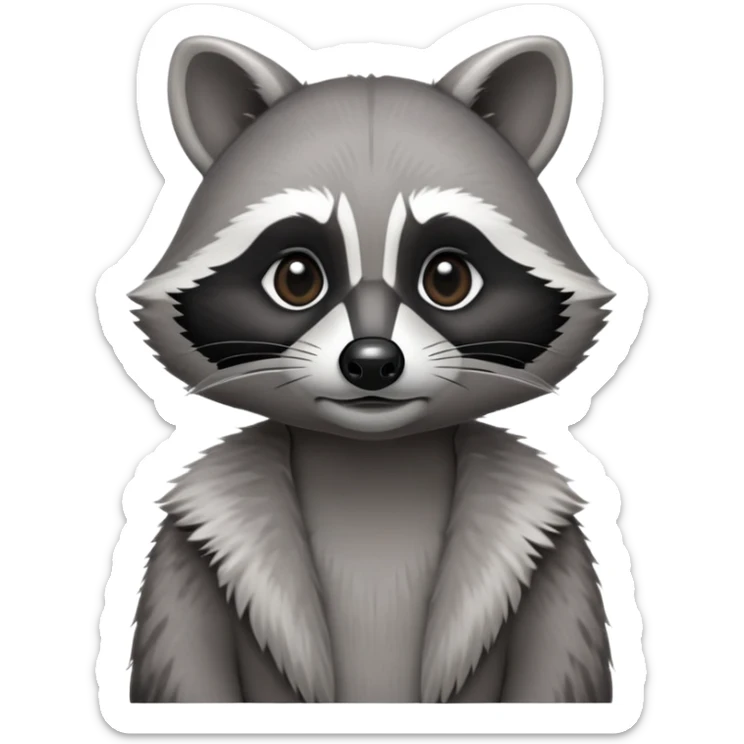 Cinematic-Noble-Raccoon-Portrait-Emoji – Poised and confident, with a sturdy build and a beautifully textured fur of silver-grey accented by dark black facial markings, deep-set, cute big black eyes, simplified yet sharp and sophisticated zoom out to show shoulders sticker
