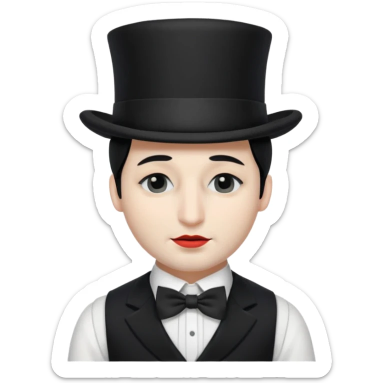 A french man with snow white skin, a black half mask with an eye hole, a black top hat, a black vest with a black tie tucked underneath, and a white collared shirt. Closed eyes. sticker