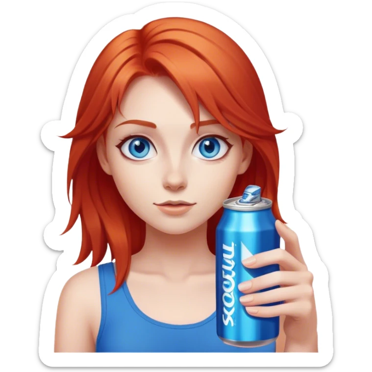 girl with light red hair with blue eyes with energy drink in hand  sticker