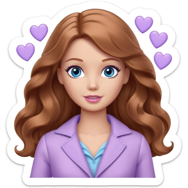 There are grey hearts all around Barbie girl Chestnut long wavy hair and blue eyes is In pale purple clothes sticker