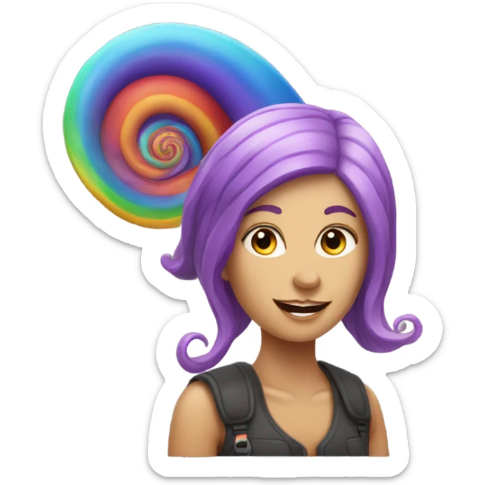 Caucasian Woman with purple hair riding a rainbow snail sticker