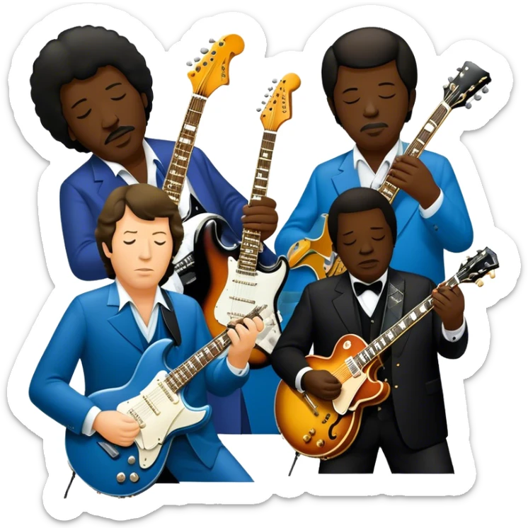 Icon for Blues Music: close-up collage of legendary blues artists. Gary Moore, Eric Clapton, B.B. King and Joe Cocker. Represented by silhouettes or symbolic items like guitars, microphones, or music notes, reflecting the soulful energy of blues music. Transparent background. sticker