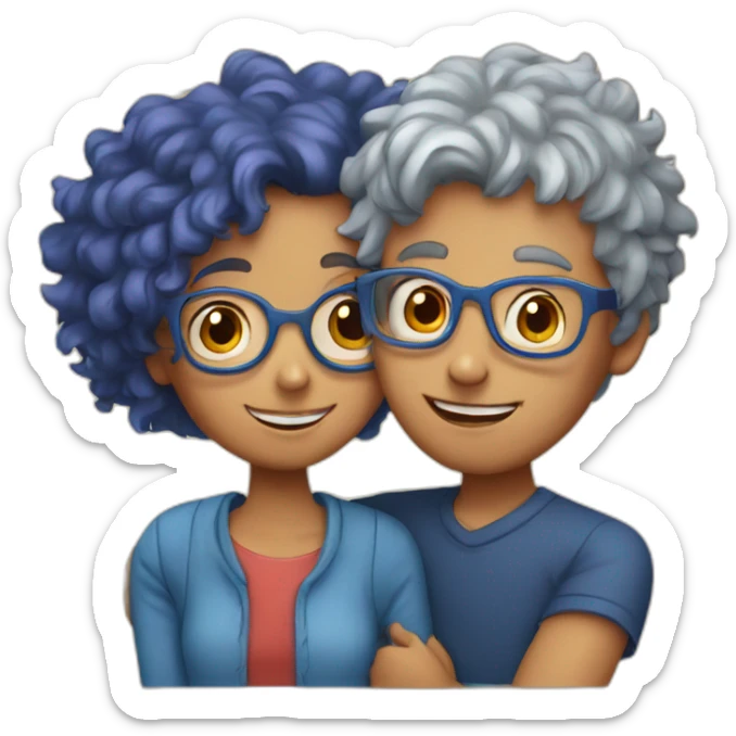 a girl with red curly hair and blue glasses hugging a boy with gray hair sticker