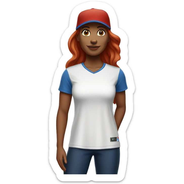 standing up white female coach with long red hair in white t-shirt and with a simple blue baseball hat sticker