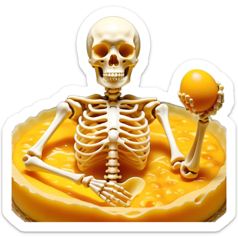 Ethereal pieces of aged cheese, golden egg yolk, and natto floating around a translucent glowing skeleton. Fine rays of golden light flow from the foods to the bones, where small locks open upon contact, guiding calcium like precision keys that prevent accumulation in arteries. sticker