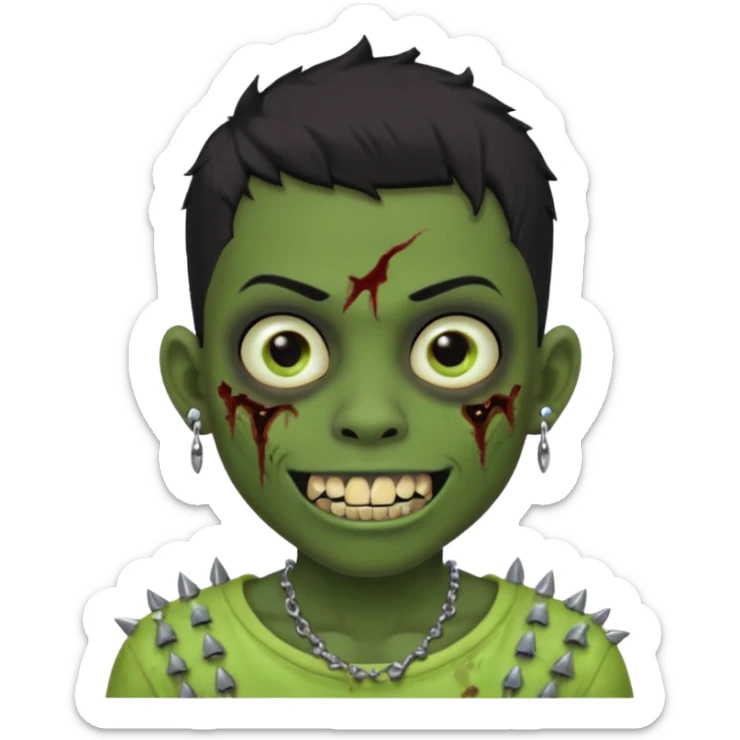 Make a boy zombie dark skin and short black 4c hair, showing a studded grillz teeth with a earing sticker