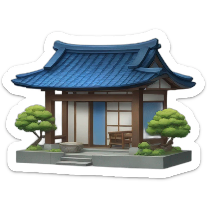 Small Japanese house with a blue tiled roof and a torii gate with blue tiles sticker