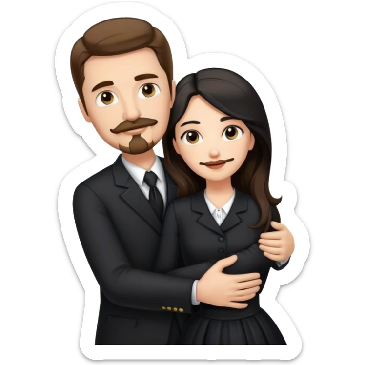 tall white man with brown hair goatee mustache hugging a pale woman with long black hair, wearing formal clothing sticker