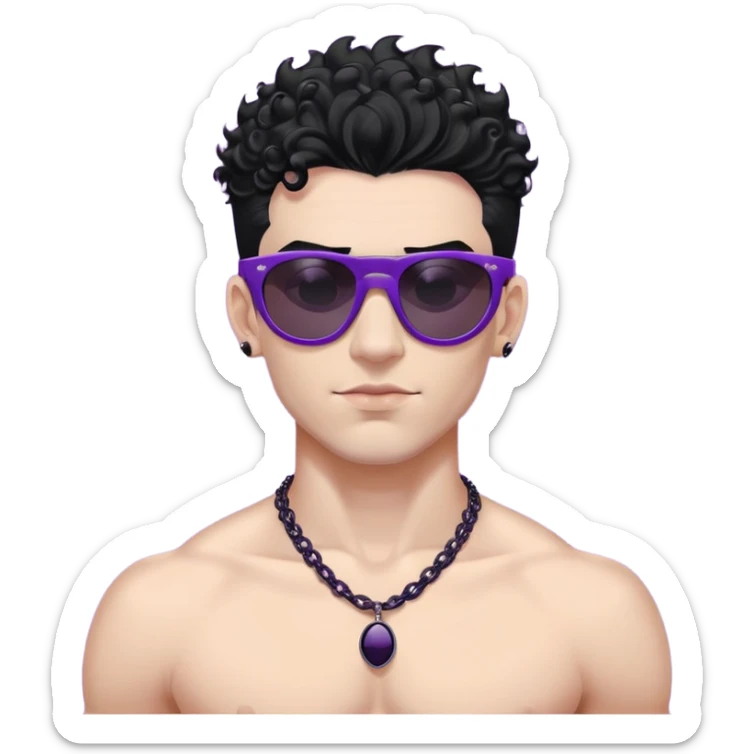 shirtless male athlete with white skin and moderately curly black hair on top with shaved sides, wearing purple sunglasses with very dark heavily tinted black lenses that completely hide the eyes, and a plain black chain necklace sticker
