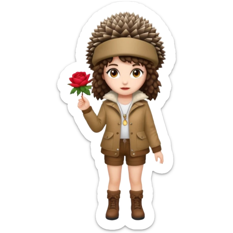 full body woman short curly brown mullet hair brown eyes white skin wearing hedgehog hat and thorny rose jacket sticker