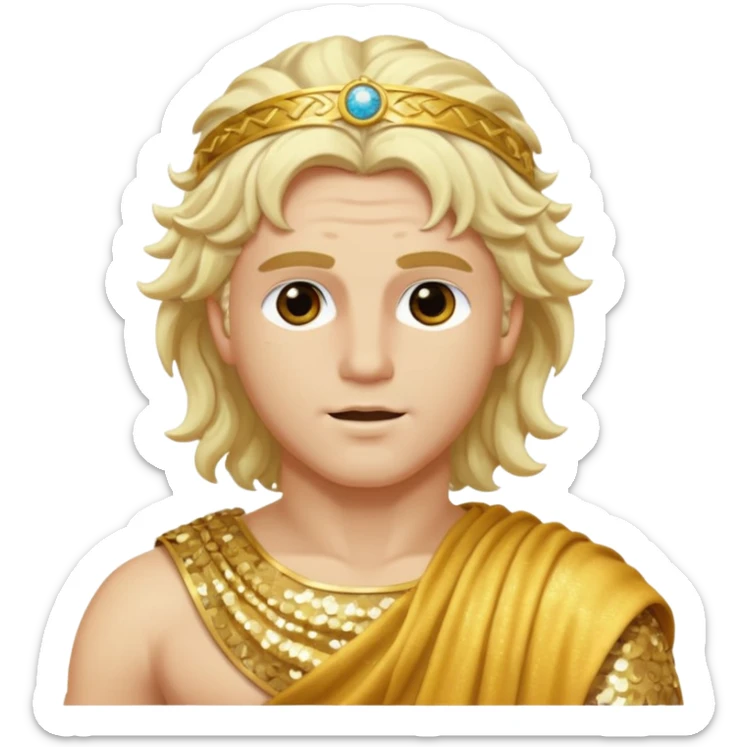Apollo, God of Sun from Roman Deities with long platinum blonde wavy hair, gold sequin toga sticker