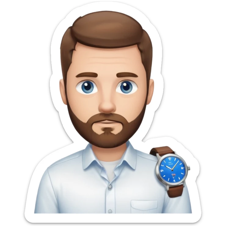 White man with brown hair blue eyes fade haircut with beard. Wearing white button down and silver watch sticker