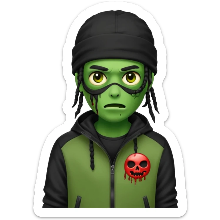 a zombie emoji with black dreads and a black nike jacket and black nike ski mask on his head sticker