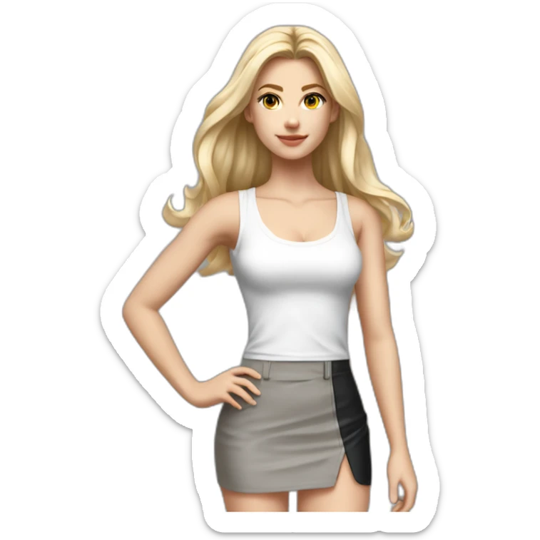 hyperrealist caucasian long blonde hair brown eyes woman white strap low cut tank top gray tight mini skirt black high heeled shoes full body sticker