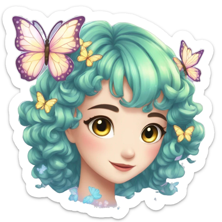gorgeous shiny anime lady with butterflies and beautiful hair fairycore cottagecore high quality detailed sticker