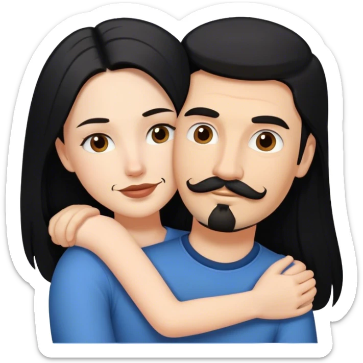 a white girl with long black hair, hugging a white guy with short brown hair goatee mustache sticker