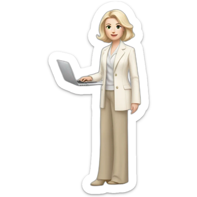 pale skin woman with ash blonde Straightened bob Hair, White Spacious classical jacket, beige palazzo Arrow pants and gray blouse holding a MacBook in the hands sticker