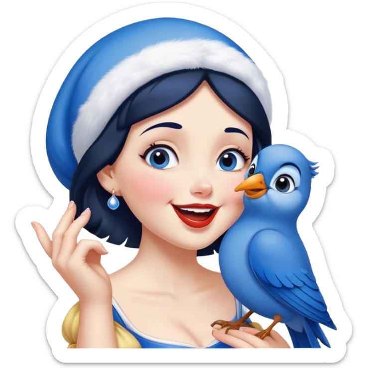 Cinematic Adorable Snow White Portrait Emoji, Giggling as a bluebird perches on her finger, cheeks rosy with joy, bright expressive eyes full of wonder, her innocence and beauty blending into a heartwarming moment! sticker
