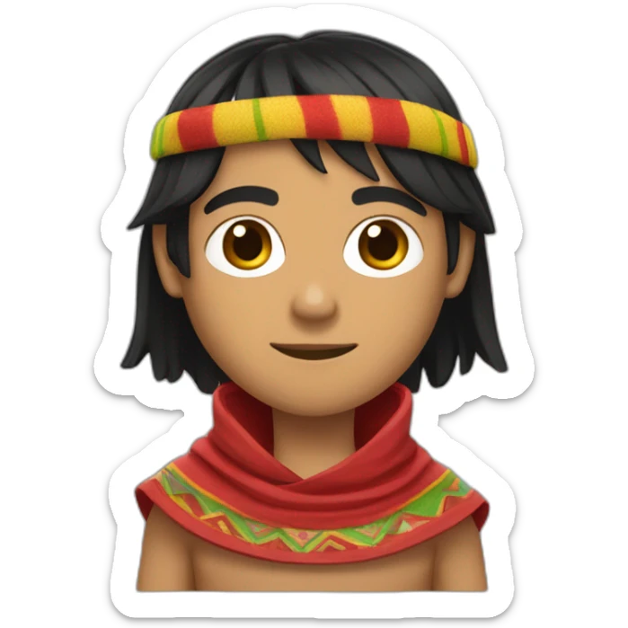 A shaved Inca man, neck-length black hair, wearing a red headband and wearing a red poncho (with yellow, green and red lines) sticker