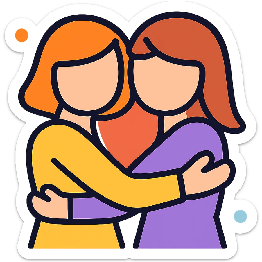 Add gentle color accents to the icon of two women embracing, keep the style minimal and background transparent. sticker